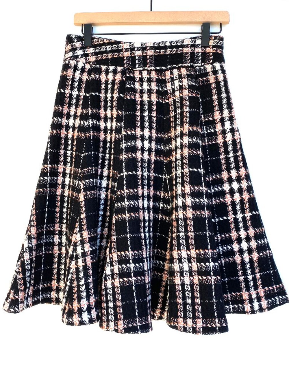 Lindarico Italy 100% Wool Black Pink Plaid Tweed Pleated A-Line Skirt IT 38 US 2